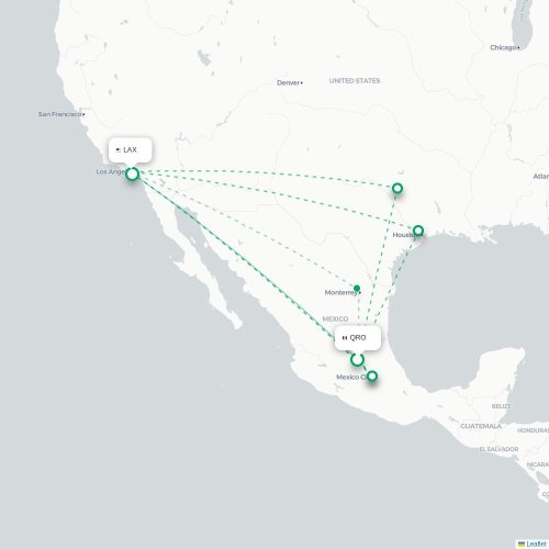Mapa lotu bezpośredniego Santiago de Querétaro – Los Angeles