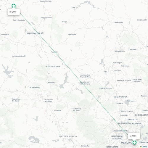 Mapa de vuelo directo Santiago de Querétaro - Ciudad de México, D.F.