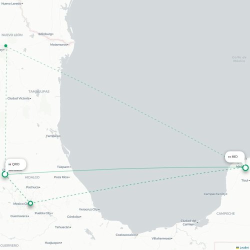 Mapa de vuelo directo Santiago de Querétaro - Mérida