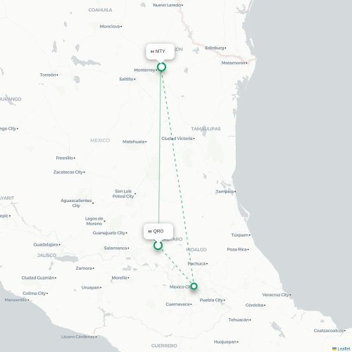 Mapa de vuelo directo Santiago de Querétaro - Monterrey