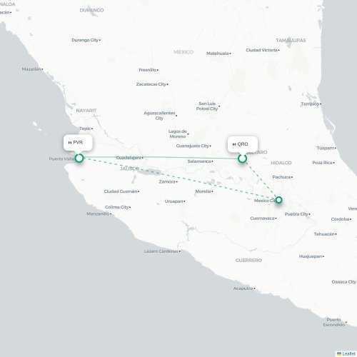 Mapa de vuelo directo Santiago de Querétaro - Pto Vallarta