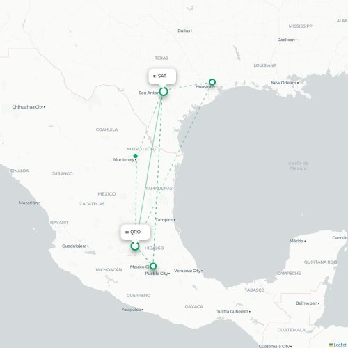 Mapa lotu bezpośredniego Santiago de Querétaro – San Antonio