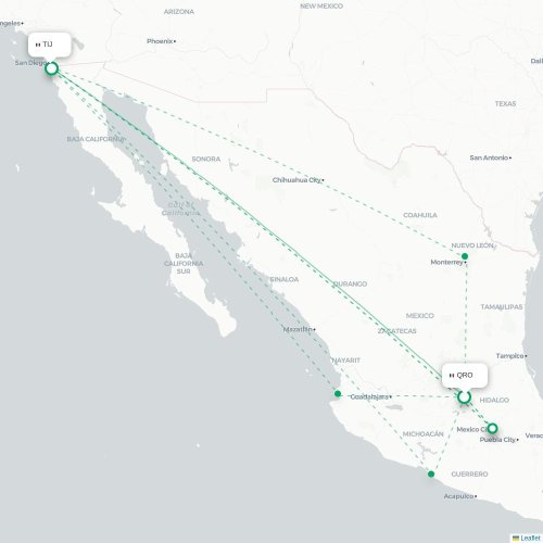 Mapa de vuelo directo Santiago de Querétaro - Tijuana