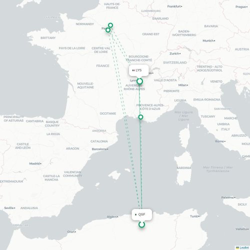 Mapa de vuelo directo Sétif - Lyon