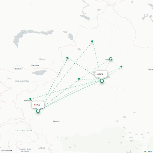 Mapa de vuelo directo Kasgar - Bayingolin