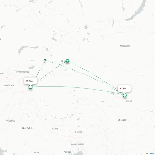 Mapa de vuelo directo Kasgar - Lanzhou