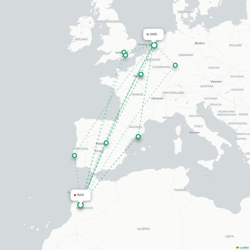 Mapa de vuelo directo Marrakech - Ámsterdam