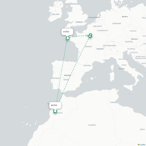 Marrakech - Brest kaart van rechtstreekse vlucht