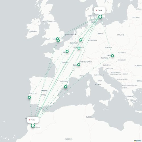 Mapa lotu bezpośredniego Marrakesz – Kopenhaga