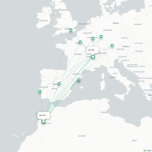 Mapa de vuelo directo Marrakech - Ginebra