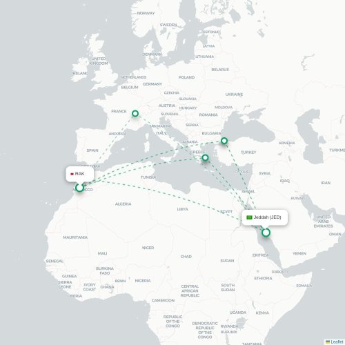 Mapa de vuelo directo Marrakech - Jedda