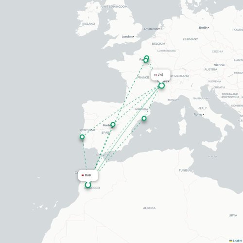 Mapa de vuelo directo Marrakech - Lyon