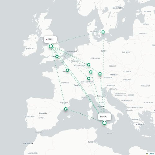 Mapa de vuelo directo Marrakech - Mánchester