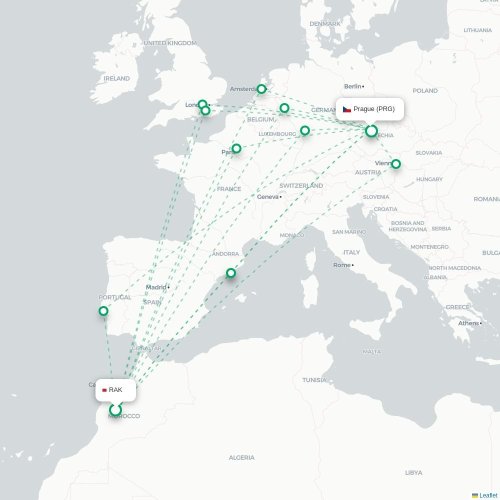 Mapa lotu bezpośredniego Marrakesz – Praga