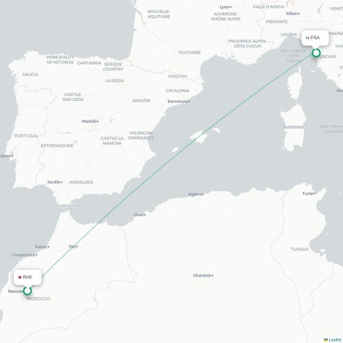 Mapa lotu bezpośredniego Marrakesz – Piza