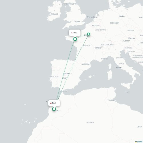 Marrakech - Rennes kaart van rechtstreekse vlucht