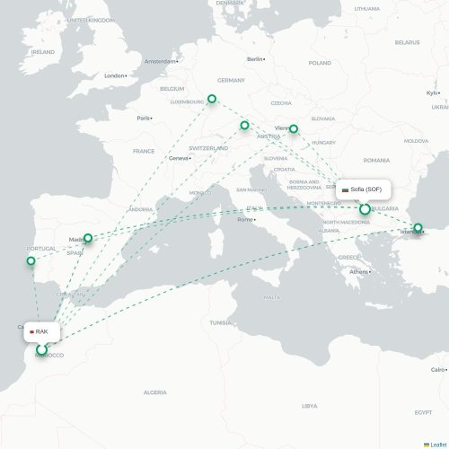 Mapa de vuelo directo Marrakech - Sofía