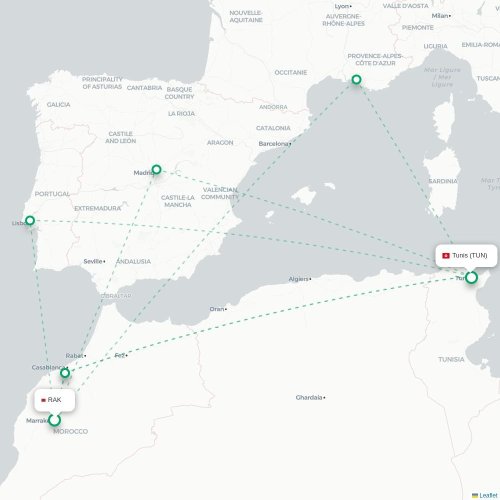 Mapa lotu bezpośredniego Marrakesz – Tunis