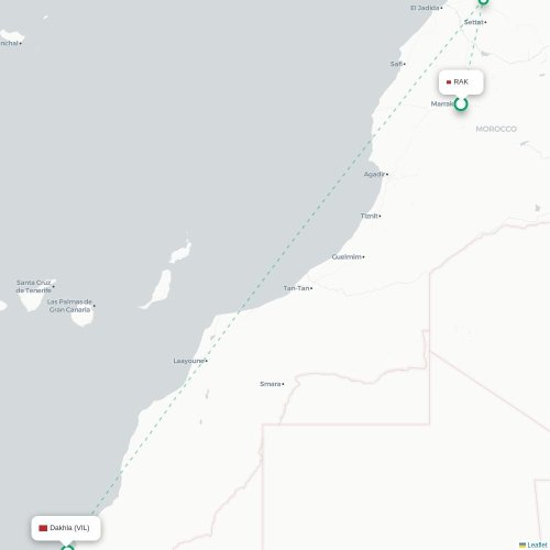 Mapa de vuelo directo Marrakech - Dajla, Sáhara Occidental