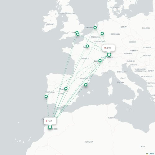 Mapa de vuelo directo Marrakech - Zúrich