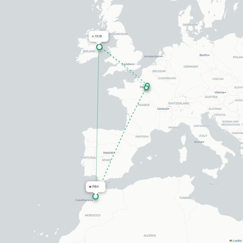 Mapa de vuelo directo Rabat - Dublín