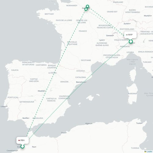 Mapa de vuelo directo Rabat - Milán