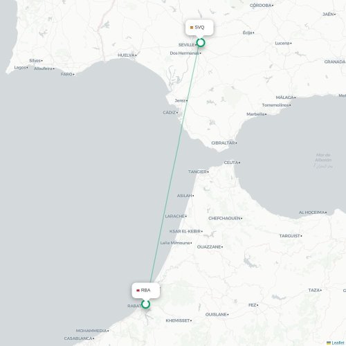Mapa de vuelo directo Rabat - Sevilla