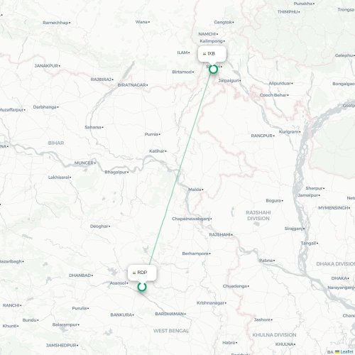 Mapa lotu bezpośredniego Durgapur – Bagdogra