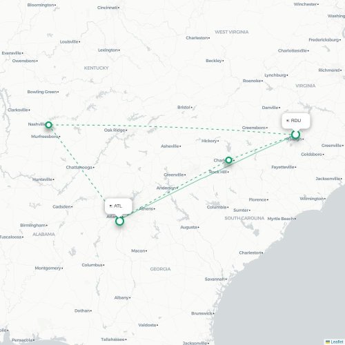 Mapa lotu bezpośredniego Raleigh – Atlanta