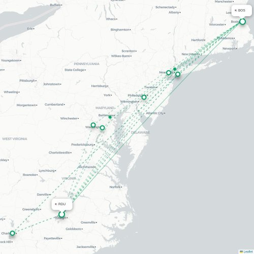 Mapa de vuelo directo Raleigh - Boston