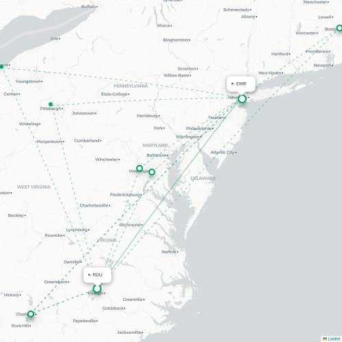 Mapa lotu bezpośredniego Raleigh – Newark