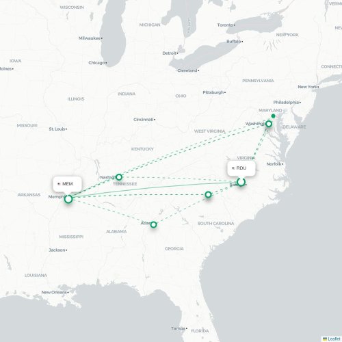 Mapa de vuelo directo Raleigh - Memphis