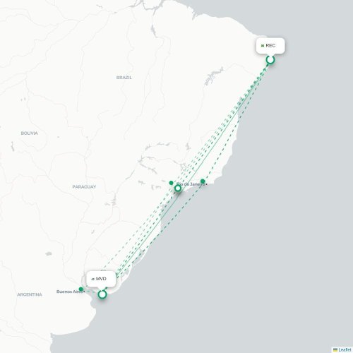 Mapa lotu bezpośredniego Recife – Montevideo