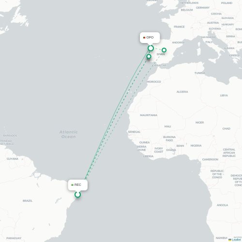 Mapa lotu bezpośredniego Recife – Porto
