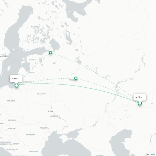 Mapa de vuelo directo Oremburgo - Kaliningrado