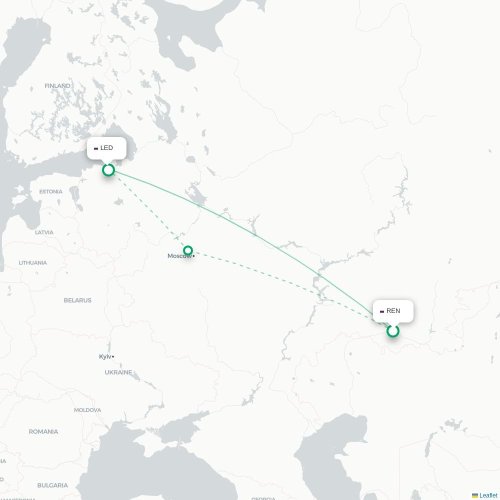 Mapa de vuelo directo Oremburgo - San Petersburgo
