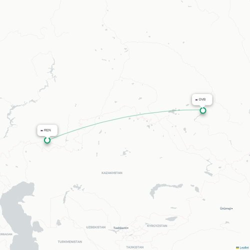 Mapa de vuelo directo Oremburgo - Novosibirsk