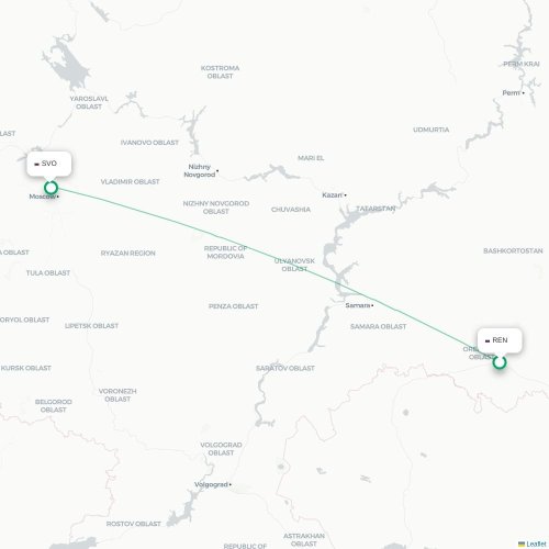 Mapa de vuelo directo Oremburgo - Moscú