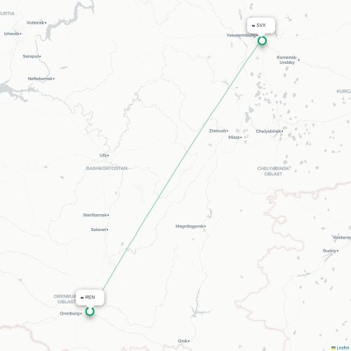 Mapa de vuelo directo Oremburgo - Ekaterinburgo