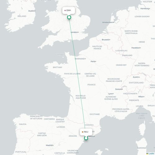 Mapa de vuelo directo Reus - Nottingham