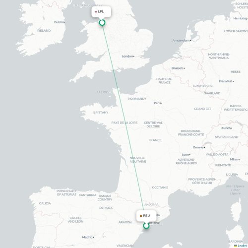 Mapa de vuelo directo Reus - Liverpool