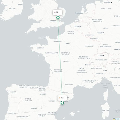 Mapa de vuelo directo Reus - Londres