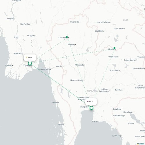 Mapa lotu bezpośredniego Rangun – Bangkok