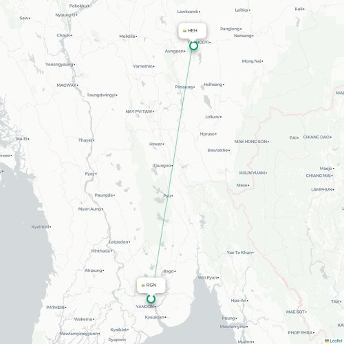 Mapa lotu bezpośredniego Rangun – Heho
