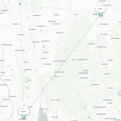 Mapa lotu bezpośredniego Rangun – Keng Tung