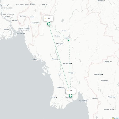 Mapa de vuelo directo Rangún - Kalemyo