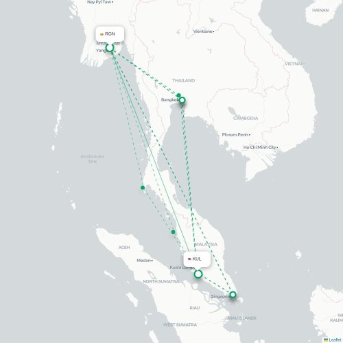 Mapa lotu bezpośredniego Rangun – Kuala Lumpur