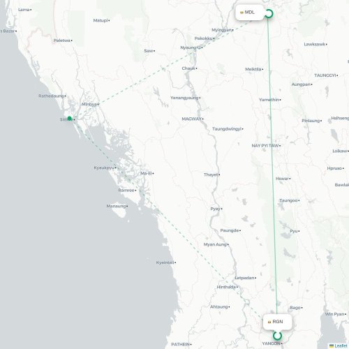 Mapa lotu bezpośredniego Rangun – Mandalaj