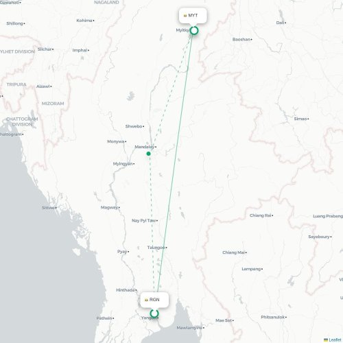Mapa lotu bezpośredniego Rangun – Myitkyina