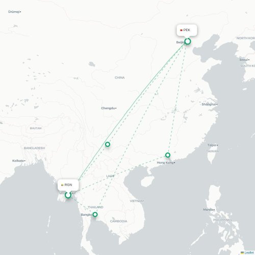 Mapa de vuelo directo Rangún - Pekín